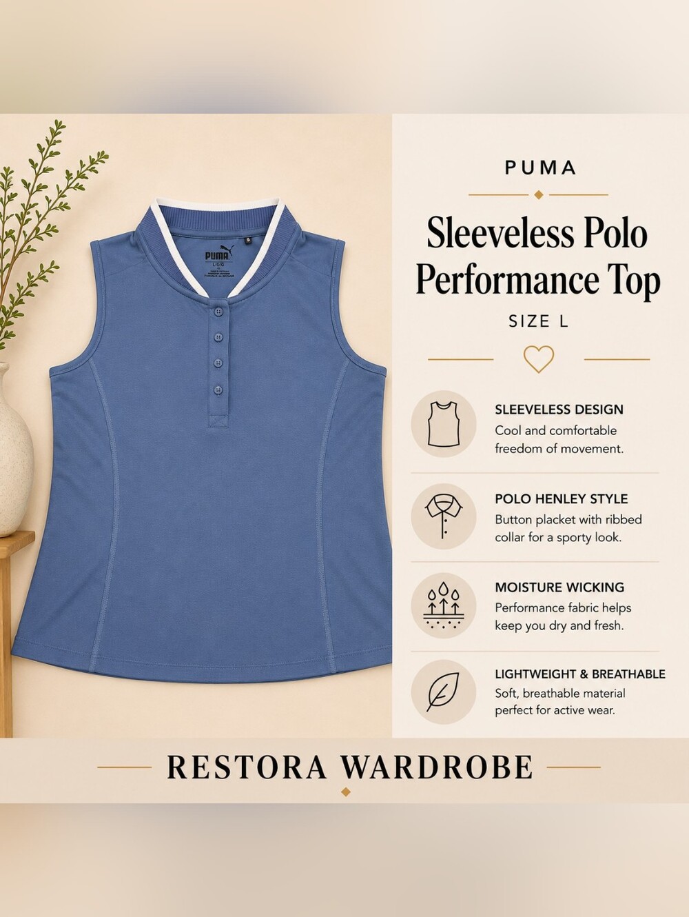 Puma Golf Preppy Blue Sleeveless Polo Contrast Collar Performance Top L
